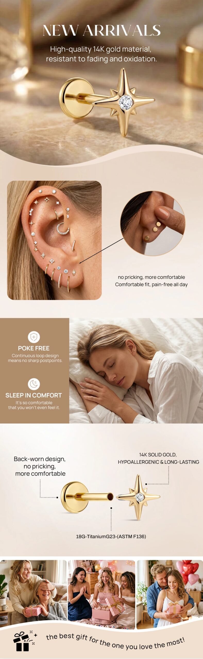 AIDE 14K Solid Gold Glossy Star/WaterDrop Pendant Piercing Earrings For Women Dainty Luxury Ear Bone Earring Anniversary Gifts