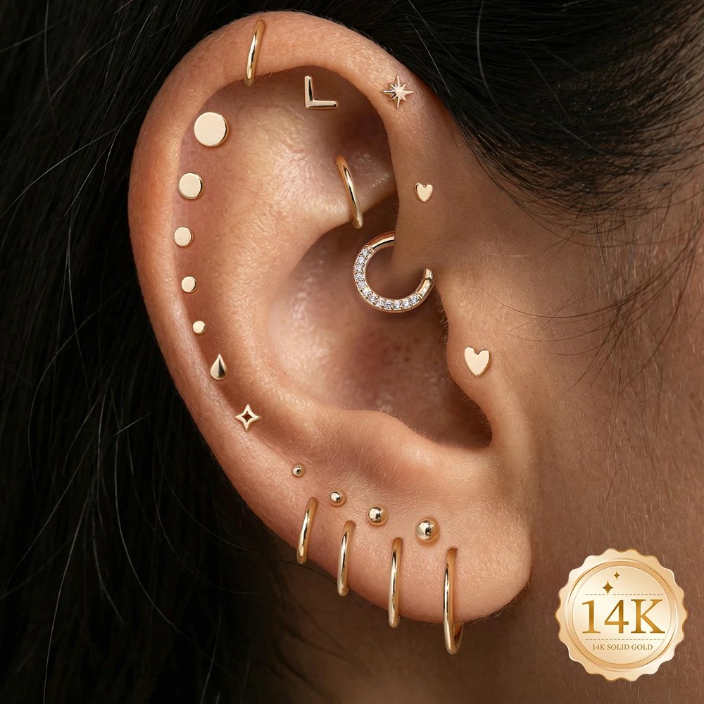 AIDE 14K Solid Gold Glossy Star/WaterDrop Pendant Piercing Earrings For Women Dainty Luxury Ear Bone Earring Anniversary Gifts