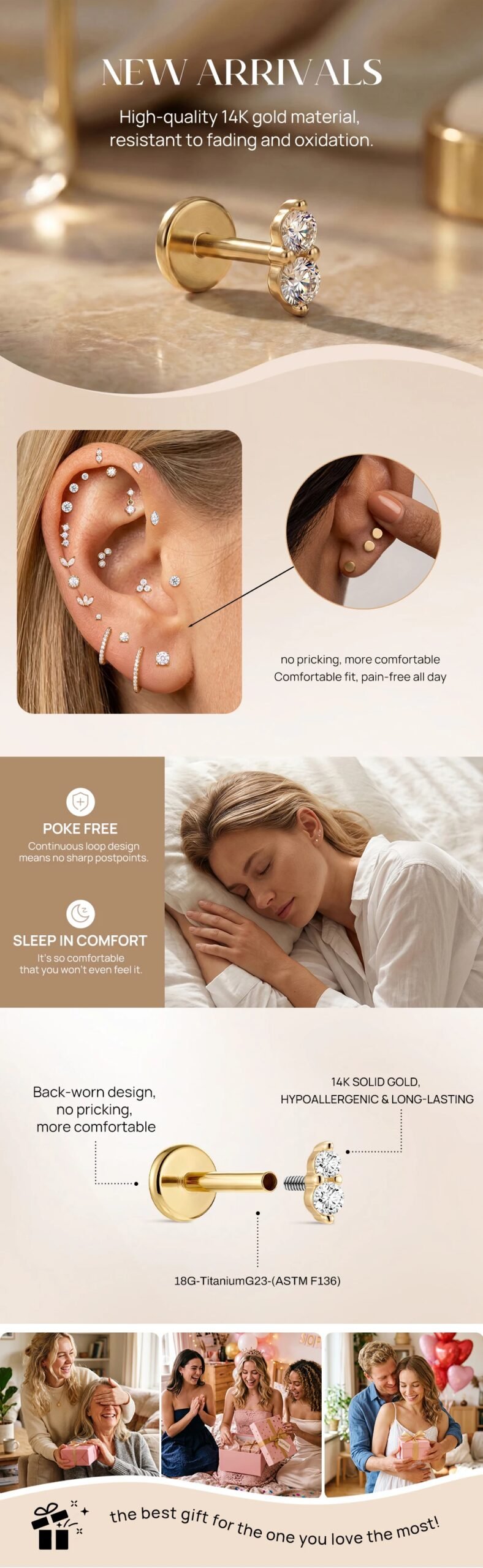 AIDE 14K Solid Gold Glossy Star/WaterDrop Pendant Piercing Earrings For Women Dainty Luxury Ear Bone Earring Anniversary Gifts
