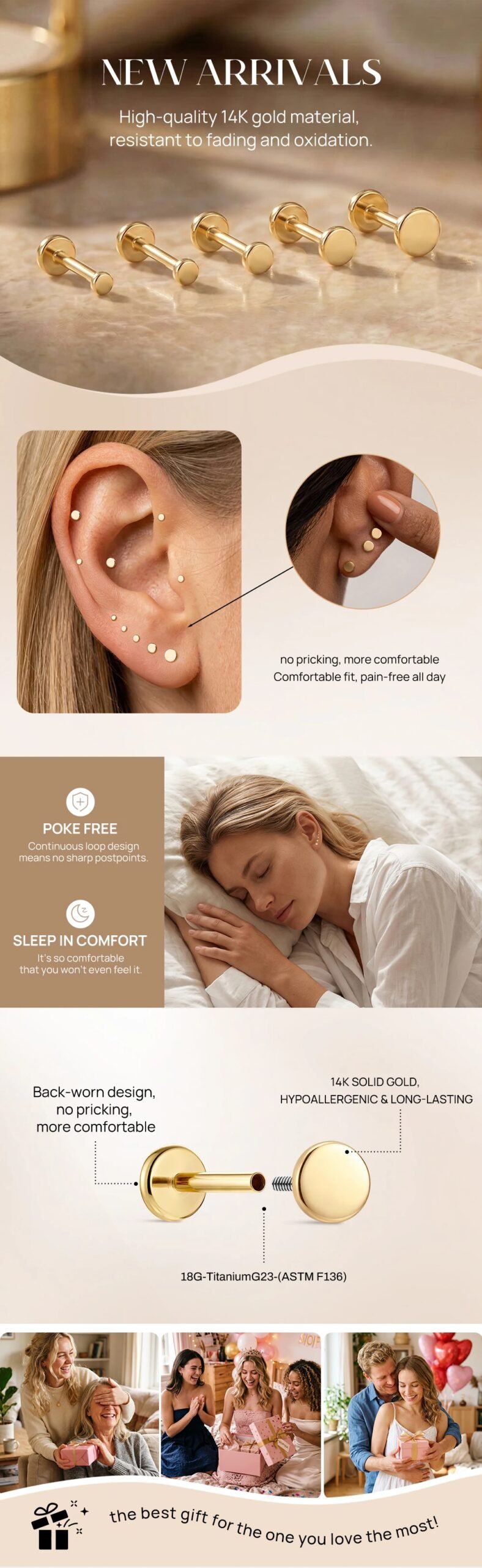 AIDE 1PCS 14K Gold Stud Earrings for Women 18G Round Flat Back Earrings Gold for Personalized Piercing Cartilage Hoop Earrings