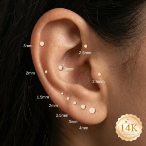 1PCS  Pure 14K Gold Stud Earrings for Women 18G Round Flat Back Earrings Gold for Personalized Piercing Cartilage Hoop Earrings