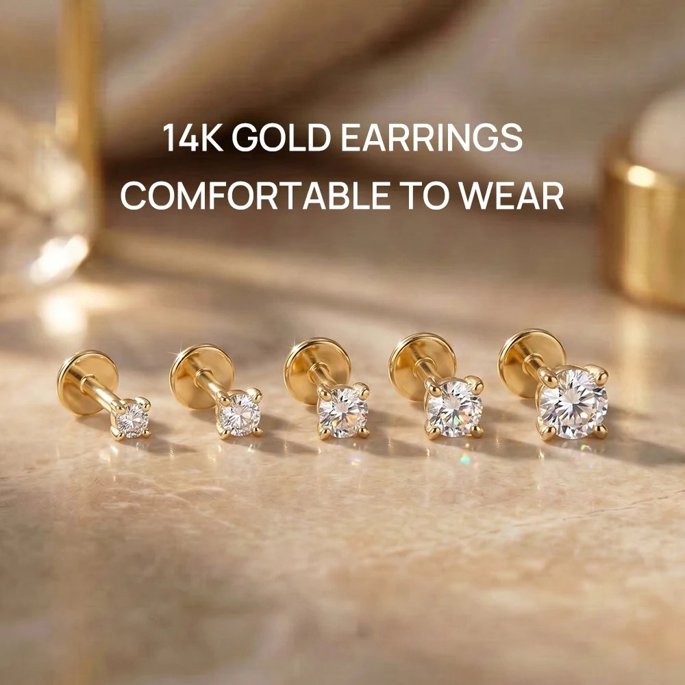 AIDE 14K Solid Gold Multi-size Mini Piercing Earrings For Women Classic Glossy Heart/Round/Star Wedding Bridal Luxury Jewelry