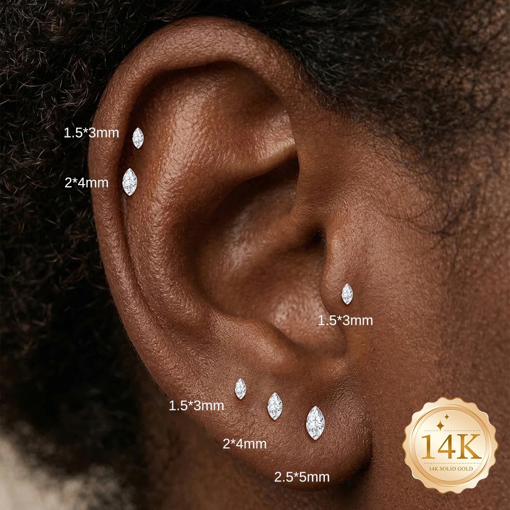 AIDE 14K Solid Gold Multi-size Mini Piercing Earrings For Women Classic Glossy Heart/Round/Star Wedding Bridal Luxury Jewelry