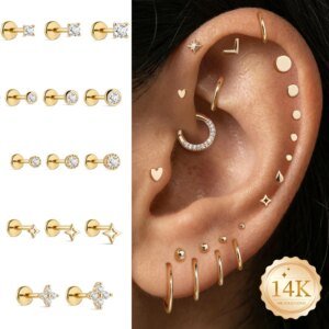 Pure 14K Solid Gold Multi-size Piercing Earrings For Women Classic Glossy Wedding Bridal Luxury Jewelry
