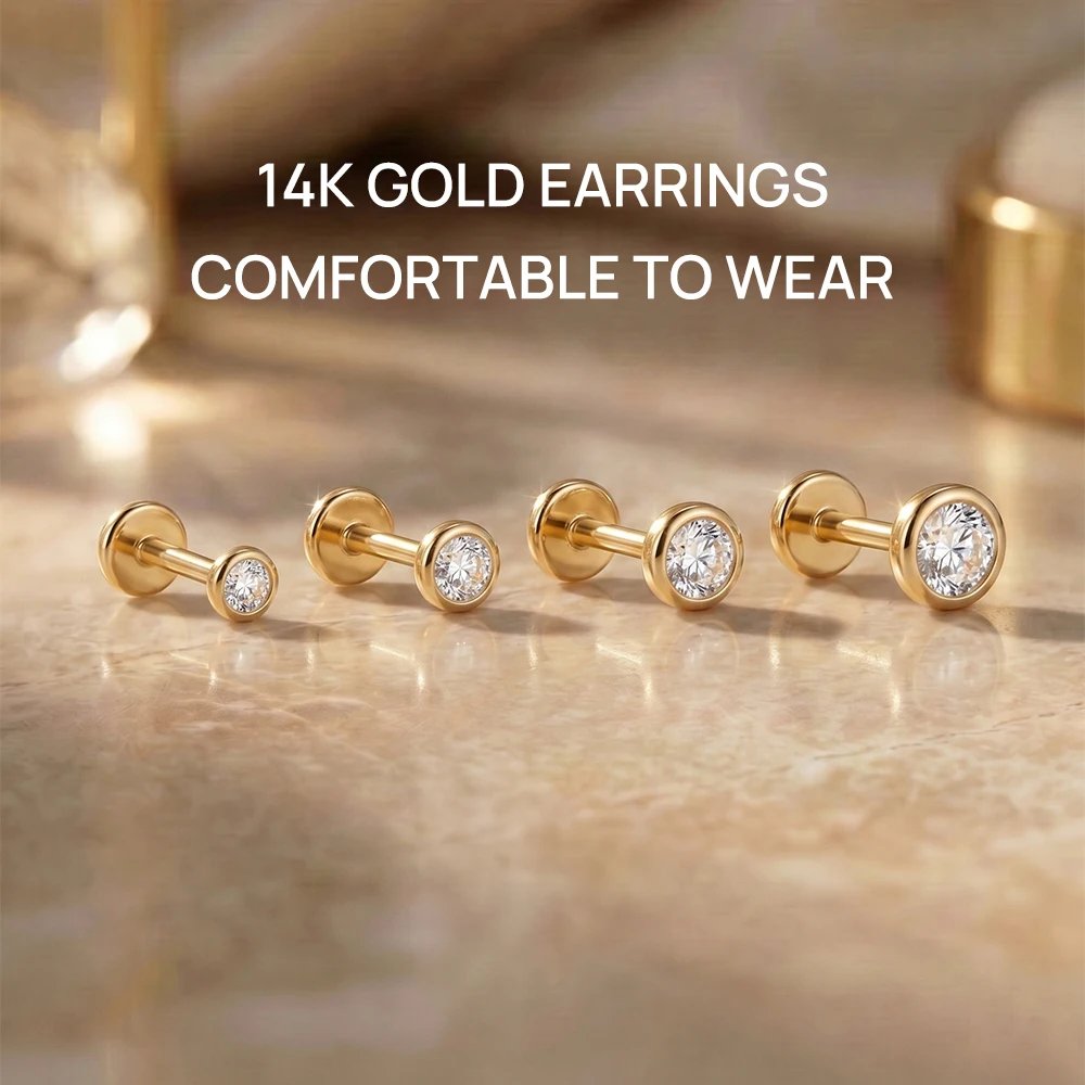 AIDE 14K Solid Gold Multi-size Mini Piercing Earrings For Women Classic Glossy Heart/Round/Star Wedding Bridal Luxury Jewelry