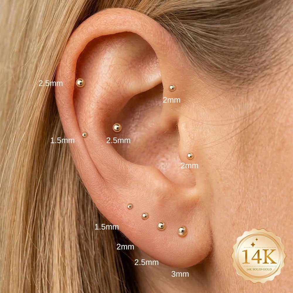 Aide 14K Solid Gold Smooth Ball Screw Back Cartilage Studs 1.5/2/2.5/3mm Tiny Piercing Earrings Hypoallergenic Jewelry for Women Aide 14K Solid Gold Smooth Ball Screw Back Cartilage Studs 1.5/2/2.5/3mm Tiny Piercing Earrings Hypoallergenic Jewelry for Women