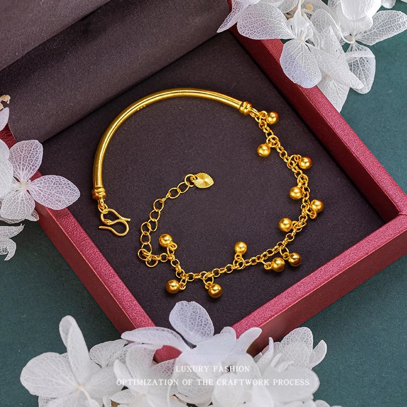 Natural 18 K Gold Color Bead Classical Bracelet for Women Soild Gold Color Resizable Bangles Braclets Jewelry Luxury Gifts