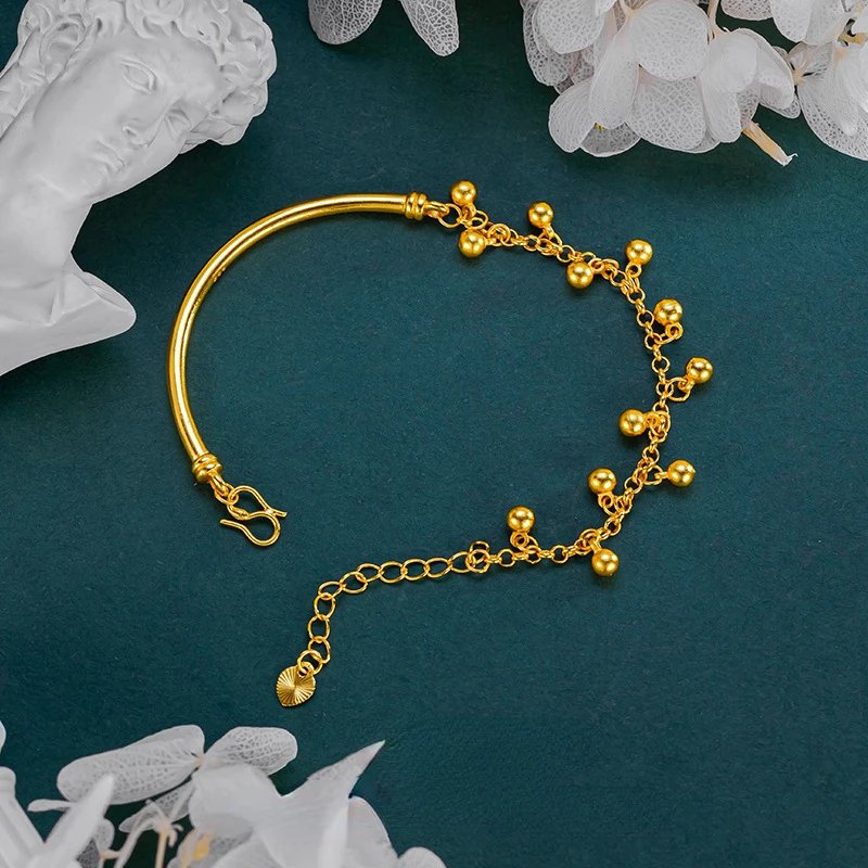 Natural 18 K Gold Color Bead Classical Bracelet for Women Soild Gold Color Resizable Bangles Braclets Jewelry Luxury Gifts