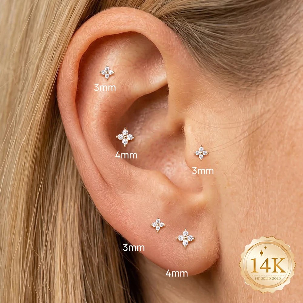 Aide 14K Solid Gold Dainty Four Leaf Clover CZ Piercing Stud Earring Screw Back Jewelry Lucky Valentine Anniversary Gift for Her Aide 14K Solid Gold Dainty Four Leaf Clover CZ Piercing Stud Earring Screw Back Jewelry Lucky Valentine Anniversary Gift for Her