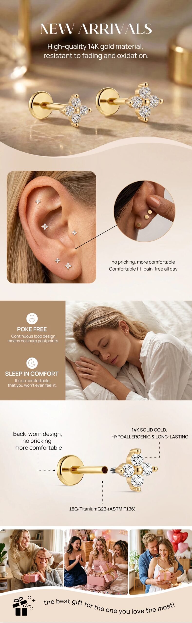 Aide 14K Solid Gold Dainty Four Leaf Clover CZ Piercing Stud Earring Screw Back Jewelry Lucky Valentine Anniversary Gift for Her Aide 14K Solid Gold Dainty Four Leaf Clover CZ Piercing Stud Earring Screw Back Jewelry Lucky Valentine Anniversary Gift for Her