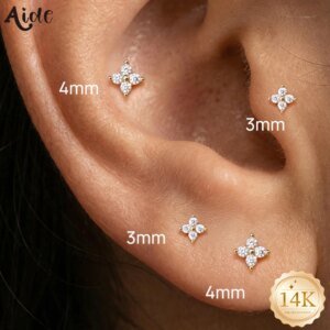 Pure 14K Solid Gold Dainty Four Leaf Clover CZ Piercing Stud Earring Screw Back Jewelry Lucky Valentine Anniversary Gift for Her