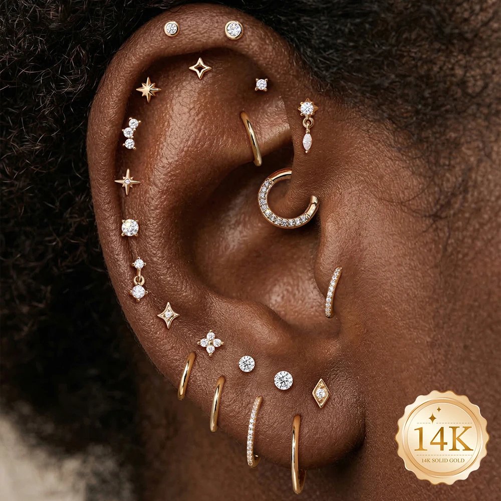 Aide 14K Solid Gold Dainty Four Leaf Clover CZ Piercing Stud Earring Screw Back Jewelry Lucky Valentine Anniversary Gift for Her Aide 14K Solid Gold Dainty Four Leaf Clover CZ Piercing Stud Earring Screw Back Jewelry Lucky Valentine Anniversary Gift for Her