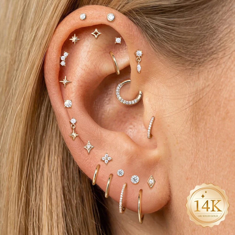 Aide 14K Solid Gold Dainty Four Leaf Clover CZ Piercing Stud Earring Screw Back Jewelry Lucky Valentine Anniversary Gift for Her Aide 14K Solid Gold Dainty Four Leaf Clover CZ Piercing Stud Earring Screw Back Jewelry Lucky Valentine Anniversary Gift for Her