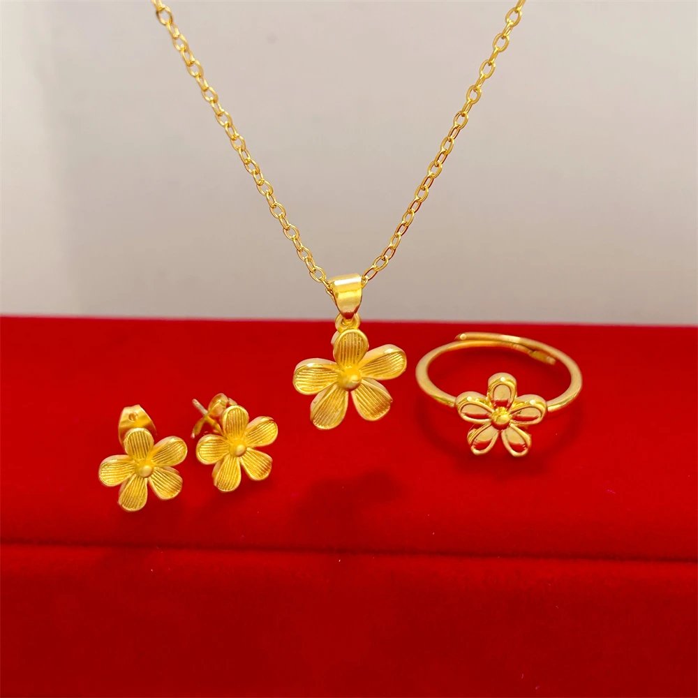 Dubai Gold Color Jewelry Set Flower Pendant Necklace Earrings Ring 3 pcs Set Wedding Bridal Accessories Wholesale