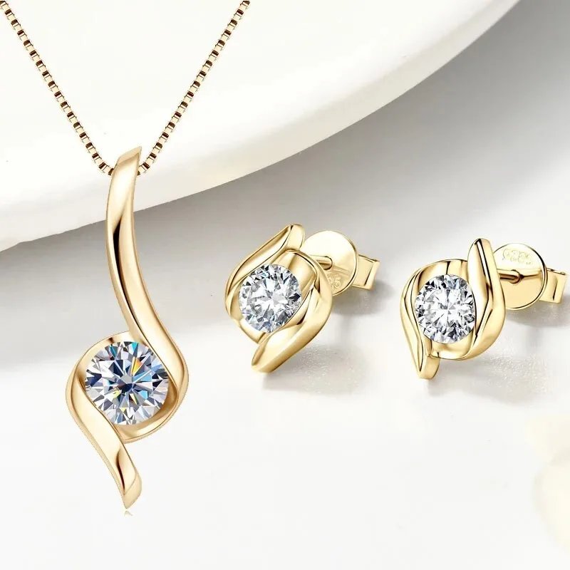 Gold Plated Silver 925 Real Moissanite Jewelry Set for Women 2.0ctw D Color Lab Diamond Stud Earrings Pendant Necklace Sets Gift Gold Plated Silver 925 Real Moissanite Jewelry Set for Women 2.0ctw D Color Lab Diamond Stud Earrings Pendant Necklace Sets Gift