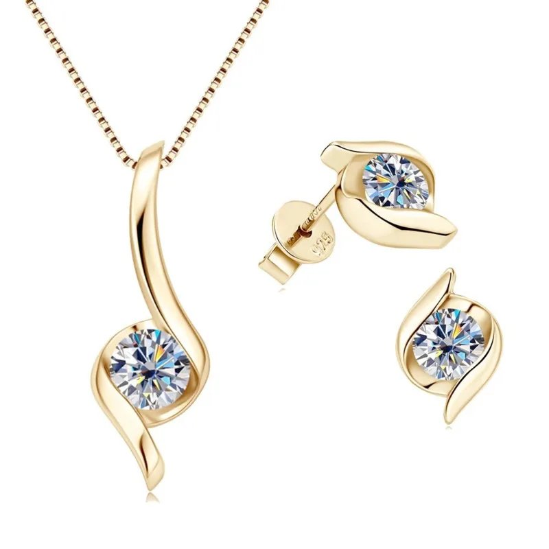 Gold Plated Silver 925 Real Moissanite Jewelry Set for Women 2.0ctw D Color Lab Diamond Stud Earrings Pendant Necklace Sets Gift Gold Plated Silver 925 Real Moissanite Jewelry Set for Women 2.0ctw D Color Lab Diamond Stud Earrings Pendant Necklace Sets Gift