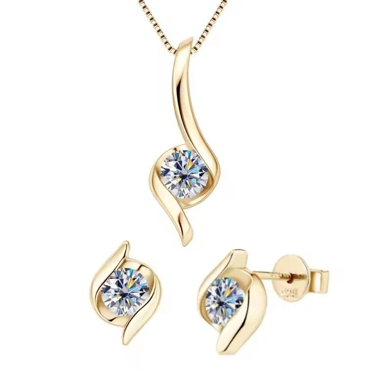 Gold Plated Silver 925 Real Moissanite Jewelry Set for Women 2.0ctw D Color Lab Diamond Stud Earrings Pendant Necklace Sets Gift Gold Plated Silver 925 Real Moissanite Jewelry Set for Women 2.0ctw D Color Lab Diamond Stud Earrings Pendant Necklace Sets Gift
