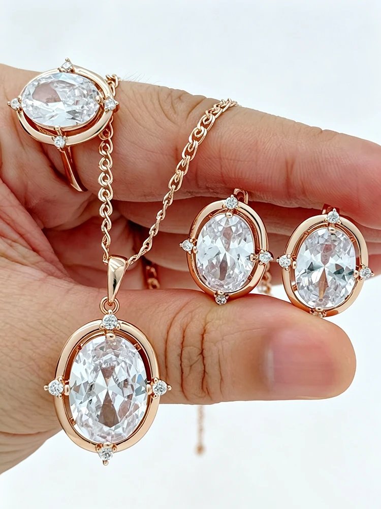 Kinel Shiny Big Oval Natural Zircon Jewelry Sets for Women Fashion 585 Rose Gold Color Ring Earring Necklace Daily Fine Jewelry Kinel Shiny Big Oval Natural Zircon Jewelry Sets for Women Fashion 585 Rose Gold Color Ring Earring Necklace Daily Fine Jewelry