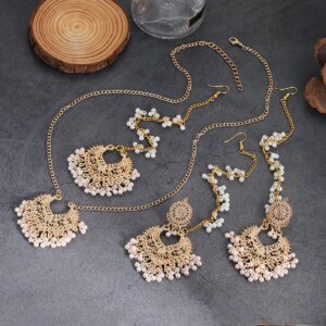 Ethical Vintage Gold Color Pearl Jewelry Sets Femme Geometric Heart Shape Earrings Necklace Headdress Wedding Bridal Jewelry