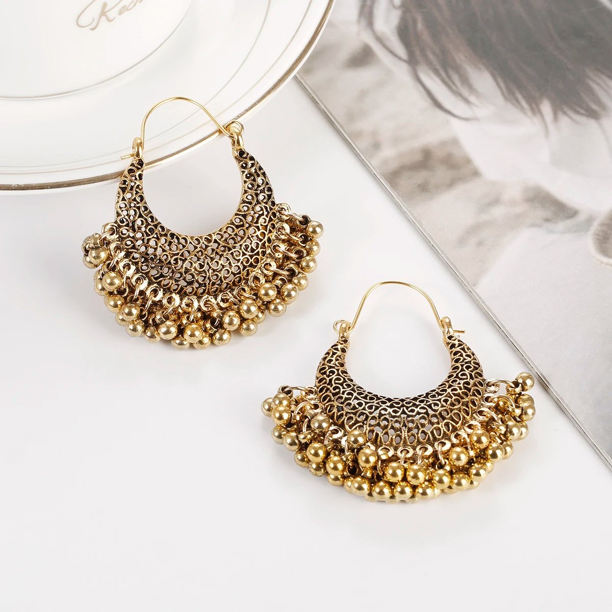 Ethnic Women's Palace Gold Geometric Turkish Jhumka Earrings Pendientes Indian Jewelry Tassel Dangling Earrings