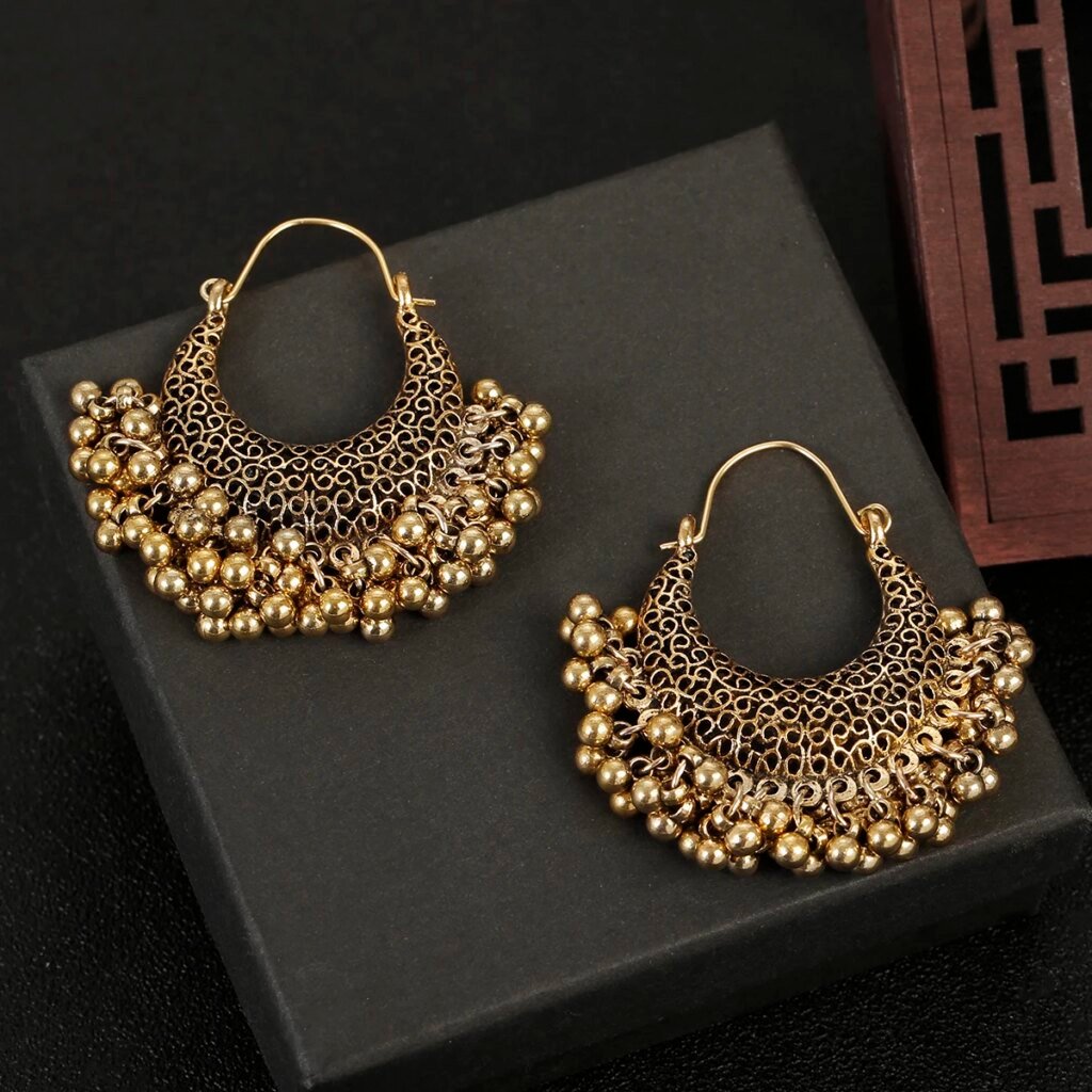 Ethnic Women's Palace Gold Geometric Jhumka Earrings Indian Jewelry Tassel Dangling Earrings
