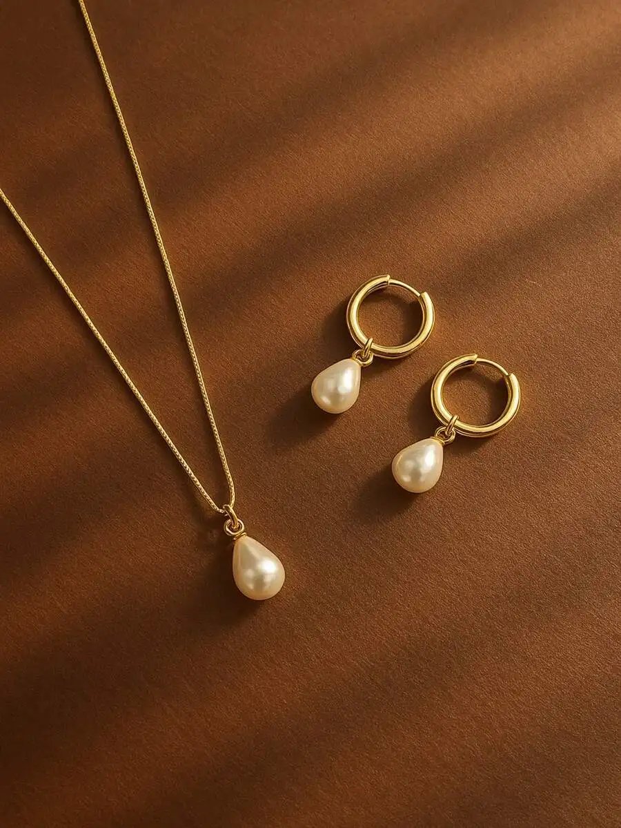 3pcs Stainless Steel Waterproof Non-Fading Fashion Women's Gold/Silver Teardrop Pearl Earrings Necklace Jewelry Set, Suitable For Daily Wear