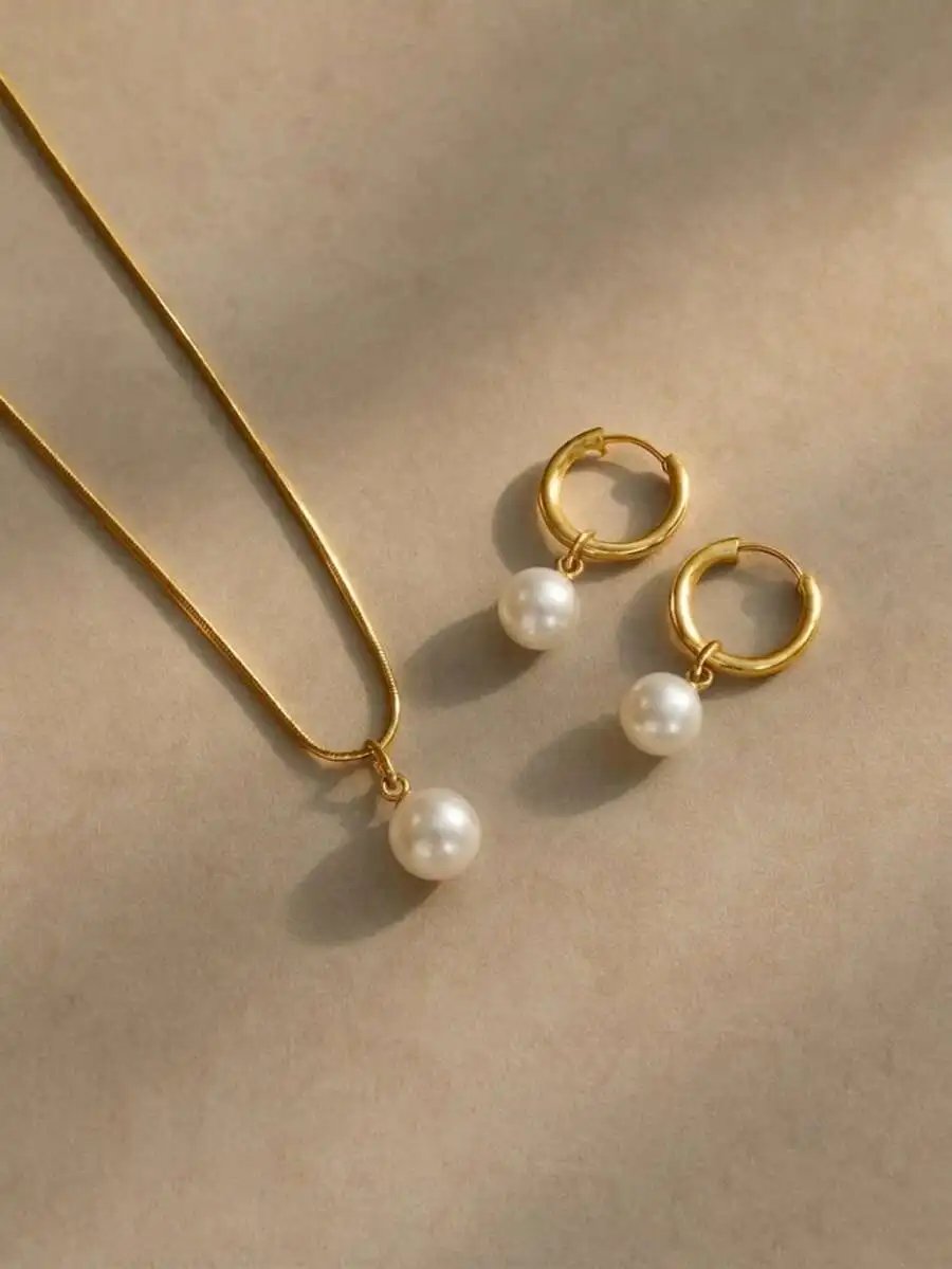3pcs Stainless Steel Waterproof Non-Fading Fashion Women's Gold/Silver Teardrop Pearl Earrings Necklace Jewelry Set, Suitable For Daily Wear