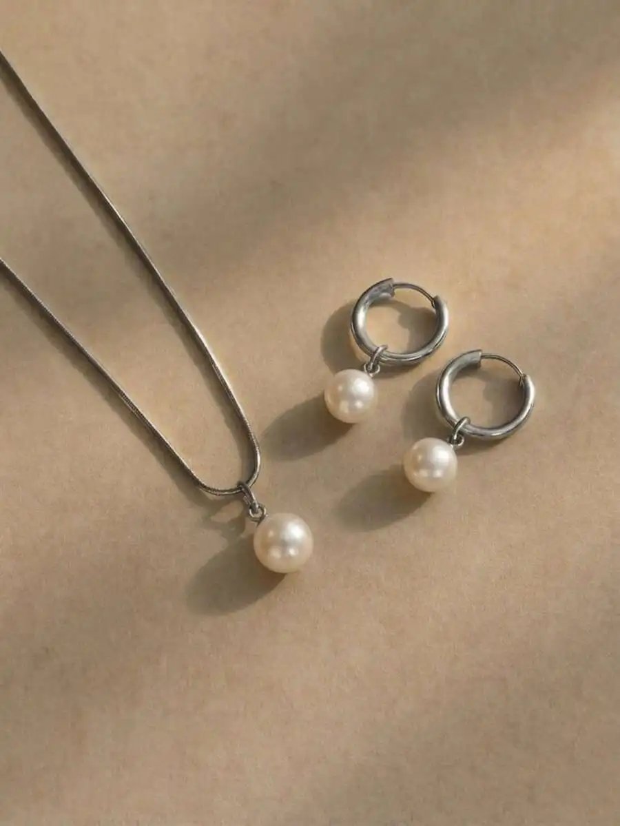 3pcs Stainless Steel Waterproof Non-Fading Fashion Women's Gold/Silver Teardrop Pearl Earrings Necklace Jewelry Set, Suitable For Daily Wear