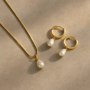 Water resistant Non-Fading Fashion Women's Gold/Silver Teardrop Pearl Earrings Necklace Jewelry Set For everyday Wear