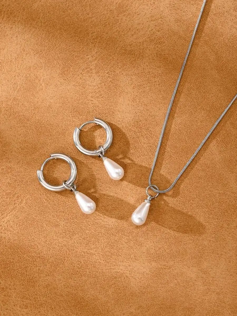 3pcs Stainless Steel Waterproof Non-Fading Fashion Women's Gold/Silver Teardrop Pearl Earrings Necklace Jewelry Set, Suitable For Daily Wear