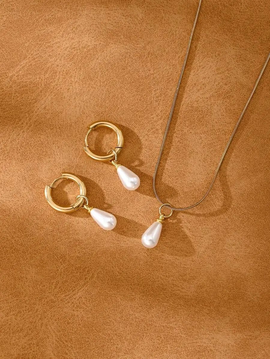 3pcs Stainless Steel Waterproof Non-Fading Fashion Women's Gold/Silver Teardrop Pearl Earrings Necklace Jewelry Set, Suitable For Daily Wear
