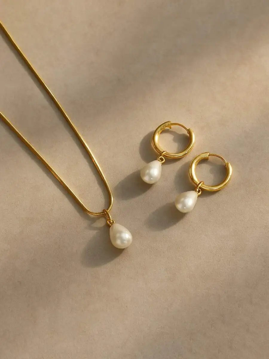 3pcs Stainless Steel Waterproof Non-Fading Fashion Women's Gold/Silver Teardrop Pearl Earrings Necklace Jewelry Set, Suitable For Daily Wear