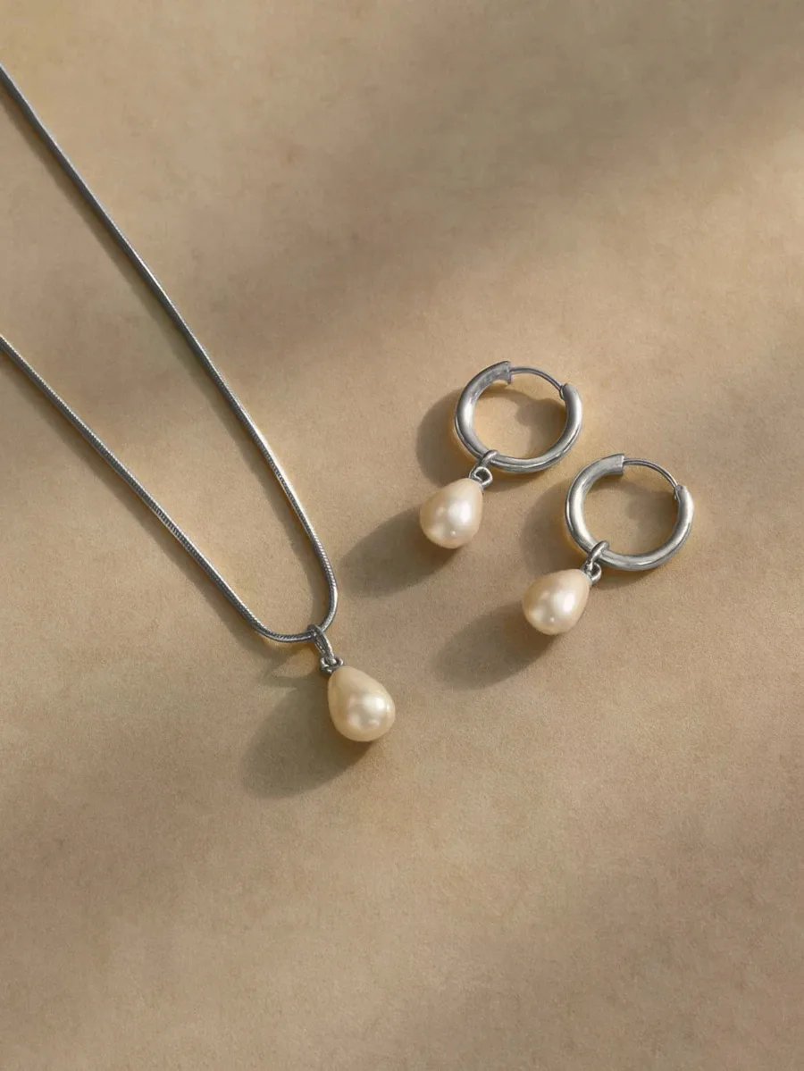 3pcs Stainless Steel Waterproof Non-Fading Fashion Women's Gold/Silver Teardrop Pearl Earrings Necklace Jewelry Set, Suitable For Daily Wear