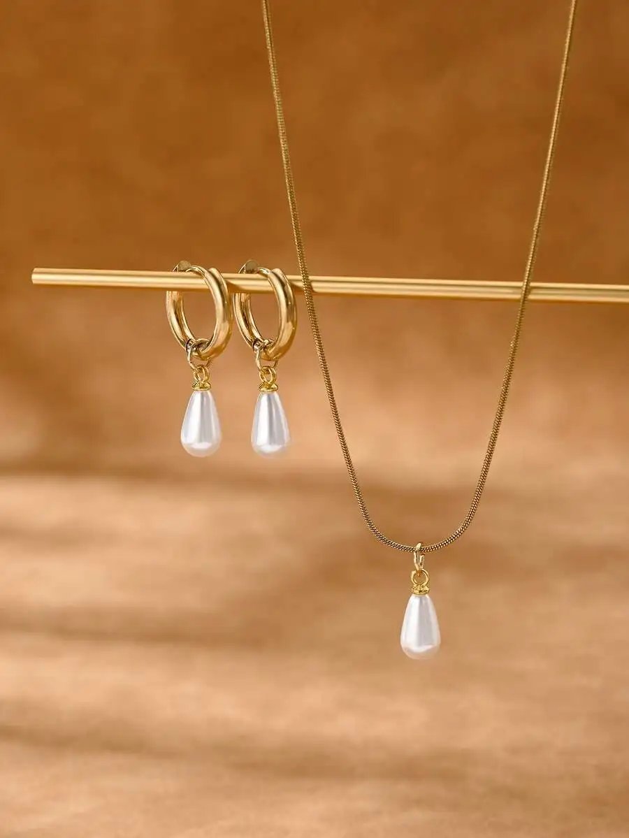 3pcs Stainless Steel Waterproof Non-Fading Fashion Women's Gold/Silver Teardrop Pearl Earrings Necklace Jewelry Set, Suitable For Daily Wear