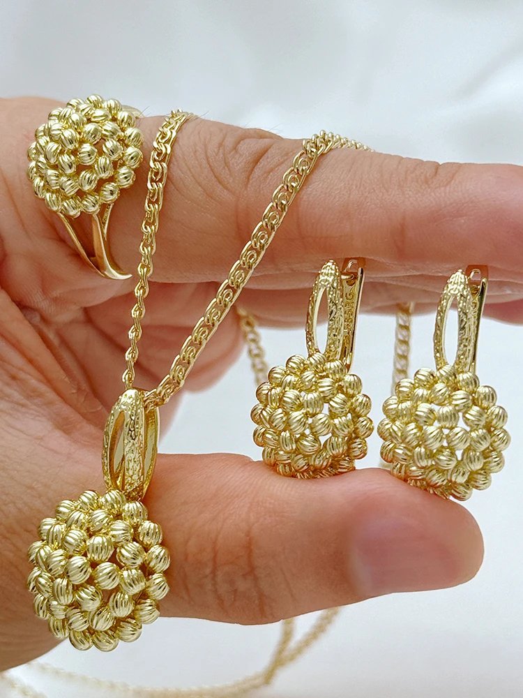 Kinel Hot 14K Real Gold Plating Necklace Earrings Ring for Women Unique Pattern Ethnic Bride Accessories Vintage Jewelry Stes