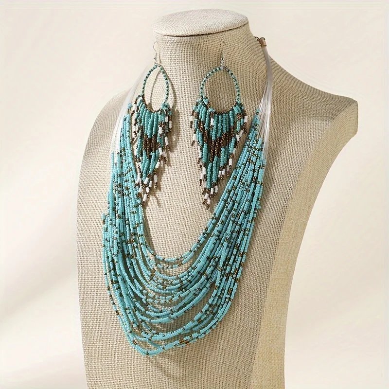 3PCS Ethnic Style Multi layer Bright Color Rice Bead Necklace Tassel Earring Set Spring/Summer Blue Bohemian Beach Resort Accessories Women's Jewelry Set Party Concert Fashion Style Matching Hot Products for Women 3PCS Ethnic Style Multi layer Bright Color Rice Bead Necklace Tassel Earring Set Spring/Summer Blue Bohemian Beach Resort Accessories Women's Jewelry Set Party Concert Fashion Style Matching Hot Products for Women
