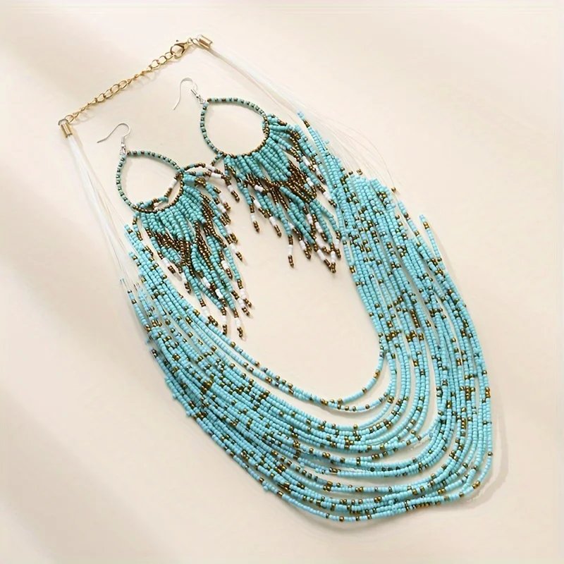 3PCS Ethnic Style Multi layer Bright Color Rice Bead Necklace Tassel Earring Set Spring/Summer Blue Bohemian Beach Resort Accessories Women's Jewelry Set Party Concert Fashion Style Matching Hot Products for Women 3PCS Ethnic Style Multi layer Bright Color Rice Bead Necklace Tassel Earring Set Spring/Summer Blue Bohemian Beach Resort Accessories Women's Jewelry Set Party Concert Fashion Style Matching Hot Products for Women