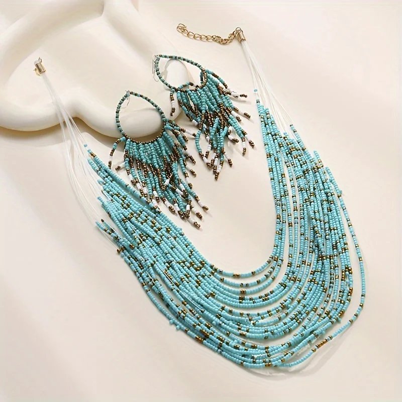 3PCS Ethnic Style Multi layer Bright Color Rice Bead Necklace Tassel Earring Set Spring/Summer Blue Bohemian Beach Resort Accessories Women's Jewelry Set Party Concert Fashion Style Matching Hot Products for Women 3PCS Ethnic Style Multi layer Bright Color Rice Bead Necklace Tassel Earring Set Spring/Summer Blue Bohemian Beach Resort Accessories Women's Jewelry Set Party Concert Fashion Style Matching Hot Products for Women
