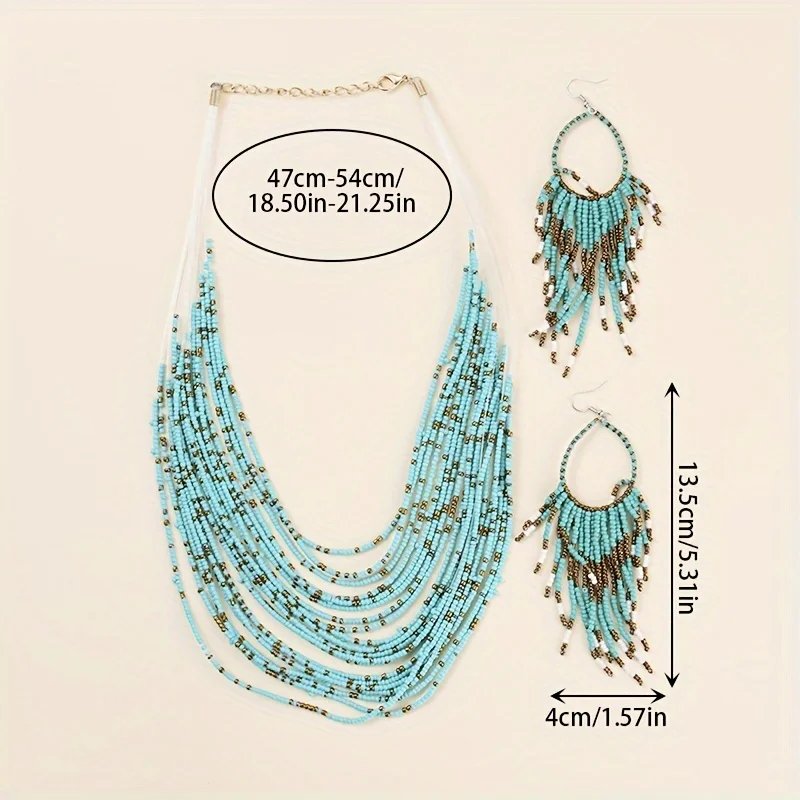 3PCS Ethnic Style Multi layer Bright Color Rice Bead Necklace Tassel Earring Set Spring/Summer Blue Bohemian Beach Resort Accessories Women's Jewelry Set Party Concert Fashion Style Matching Hot Products for Women 3PCS Ethnic Style Multi layer Bright Color Rice Bead Necklace Tassel Earring Set Spring/Summer Blue Bohemian Beach Resort Accessories Women's Jewelry Set Party Concert Fashion Style Matching Hot Products for Women