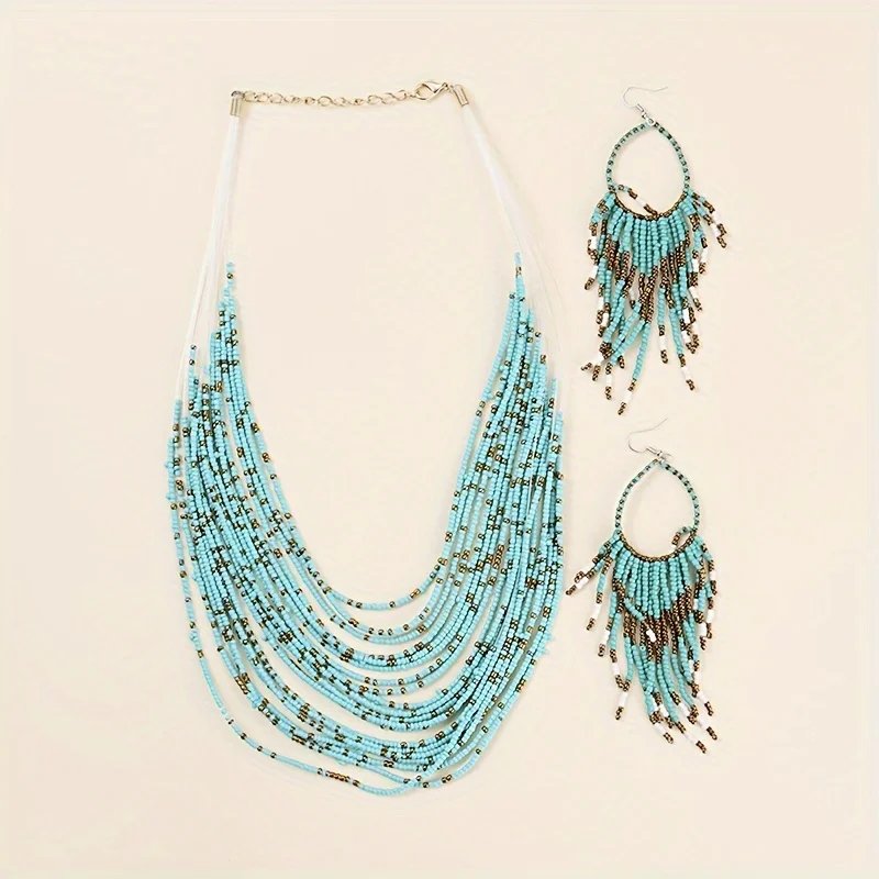 3PCS Ethnic Style Multi layer Bright Color Rice Bead Necklace Tassel Earring Set Spring/Summer Blue Bohemian Beach Resort Accessories Women's Jewelry Set Party Concert Fashion Style Matching Hot Products for Women 3PCS Ethnic Style Multi layer Bright Color Rice Bead Necklace Tassel Earring Set Spring/Summer Blue Bohemian Beach Resort Accessories Women's Jewelry Set Party Concert Fashion Style Matching Hot Products for Women