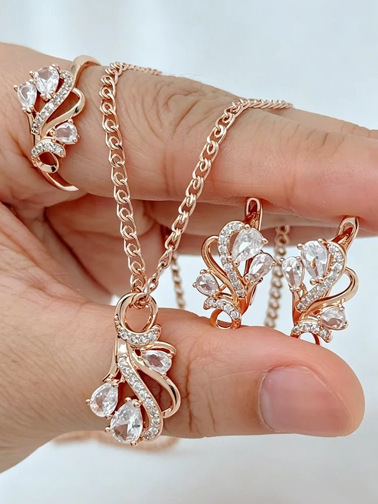 Kinel Hot 585 Rose Gold Color Ethnic Bride Ring Earrings Necklace for Women Hollow Pattern Natural Zircon Daily Fine Jewelry Set Kinel Hot 585 Rose Gold Color Ethnic Bride Ring Earrings Necklace for Women Hollow Pattern Natural Zircon Daily Fine Jewelry Set