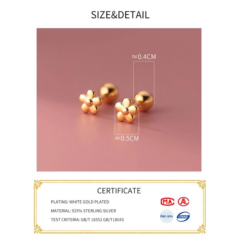 INZATT Real 925 Sterling Silver 18K Gold Flower Bead Stud Earrings For Women Party Trendy Fine Jewelry Minimalist Accessories