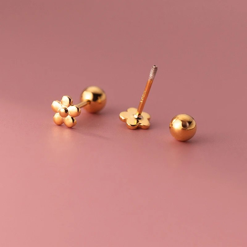INZATT Real 925 Sterling Silver 18K Gold Flower Bead Stud Earrings For Women Party Trendy Fine Jewelry Minimalist Accessories