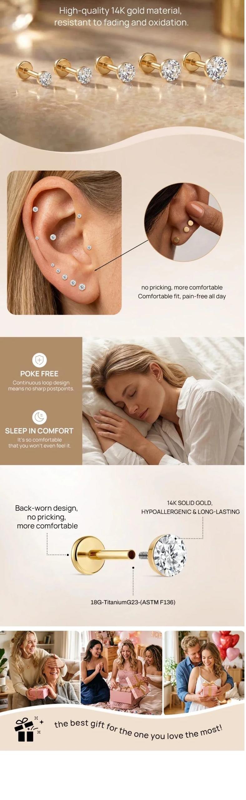CANNER 1PC 14K Solid Gold Titanium Piercing Classic Smooth Ear Bone For Women Men Hypoallergenic Stud Earring Jewelry Party Gift CANNER 1PC 14K Solid Gold Titanium Piercing Classic Smooth Ear Bone For Women Men Hypoallergenic Stud Earring Jewelry Party Gift