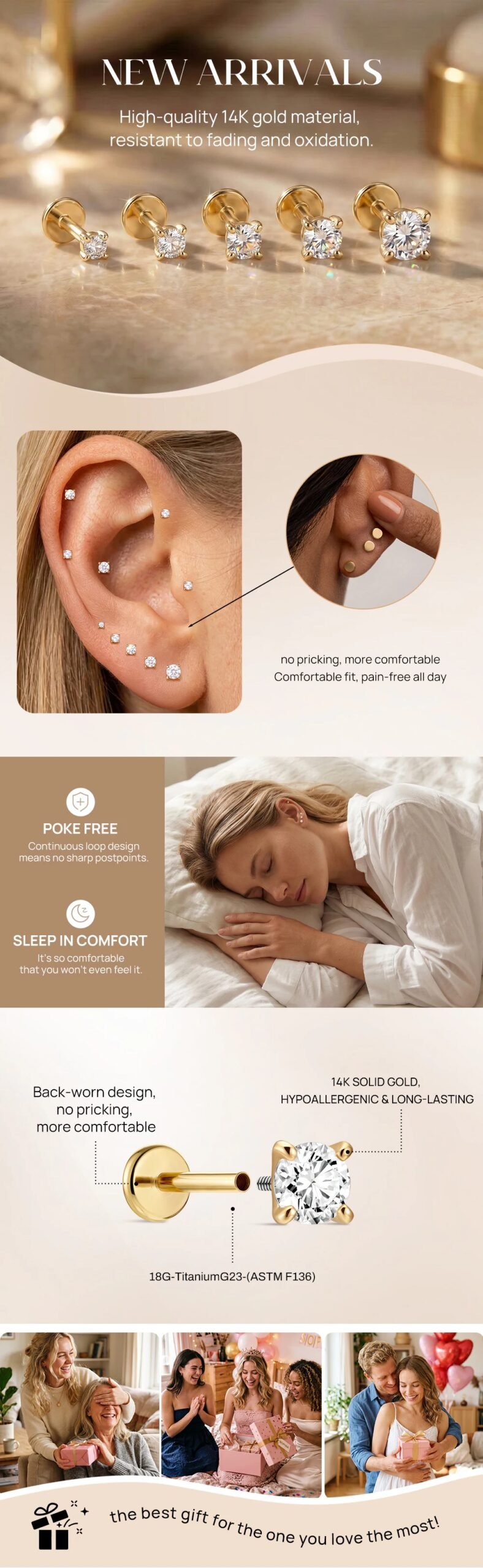 CANNER 1PC 14K Solid Gold Titanium Piercing Classic Smooth Ear Bone For Women Men Hypoallergenic Stud Earring Jewelry Party Gift CANNER 1PC 14K Solid Gold Titanium Piercing Classic Smooth Ear Bone For Women Men Hypoallergenic Stud Earring Jewelry Party Gift