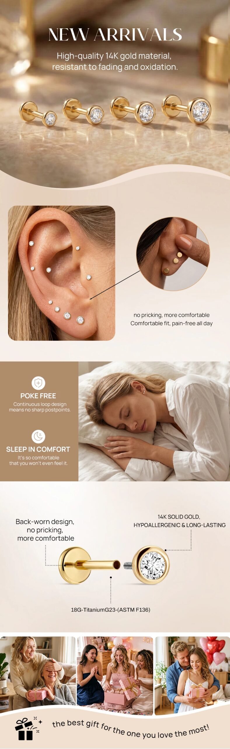 CANNER 1PC 14K Solid Gold Titanium Piercing Classic Smooth Ear Bone For Women Men Hypoallergenic Stud Earring Jewelry Party Gift CANNER 1PC 14K Solid Gold Titanium Piercing Classic Smooth Ear Bone For Women Men Hypoallergenic Stud Earring Jewelry Party Gift