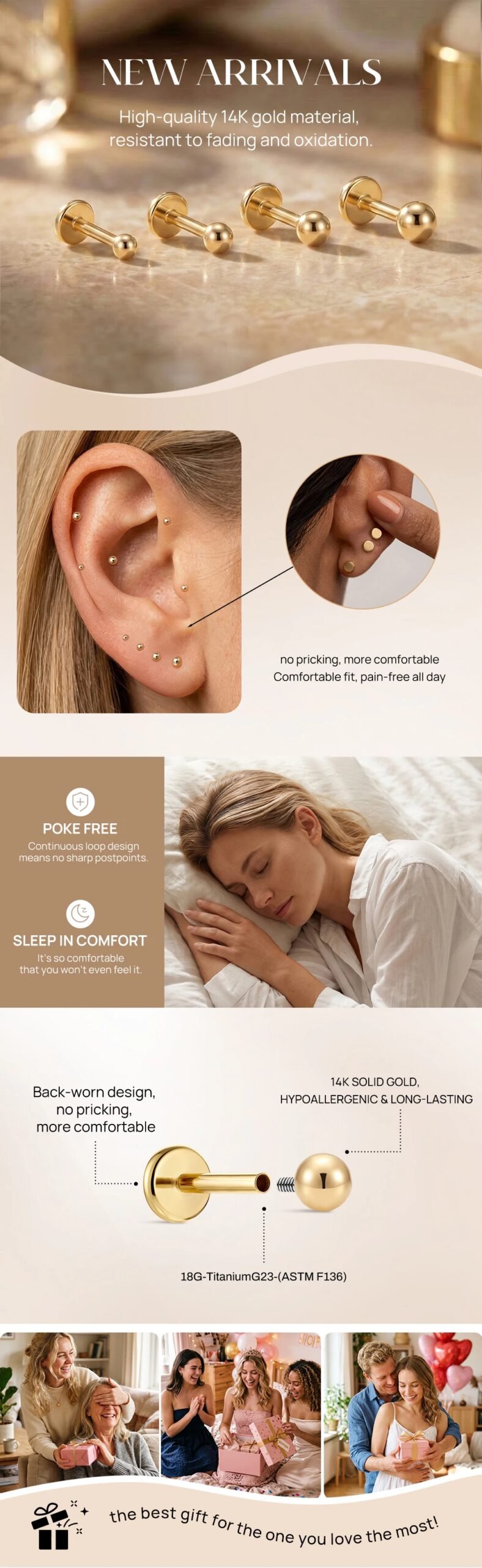 CANNER 1PC 14K Solid Gold Titanium Piercing Classic Smooth Ear Bone For Women Men Hypoallergenic Stud Earring Jewelry Party Gift CANNER 1PC 14K Solid Gold Titanium Piercing Classic Smooth Ear Bone For Women Men Hypoallergenic Stud Earring Jewelry Party Gift
