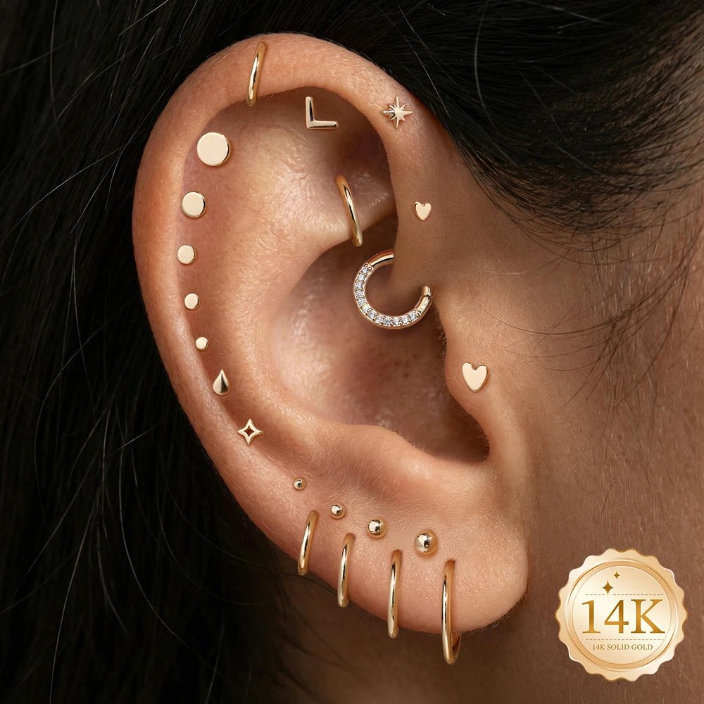 CANNER 14K Solid Gold Multi-size Mini Flat Back Piercing Earrings For Women Classic Glossy Heart Birthday Anniversary Gifts