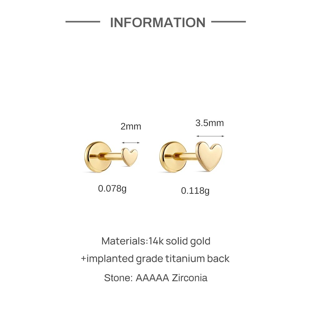 CANNER 14K Solid Gold Multi-size Mini Flat Back Piercing Earrings For Women Classic Glossy Heart Birthday Anniversary Gifts