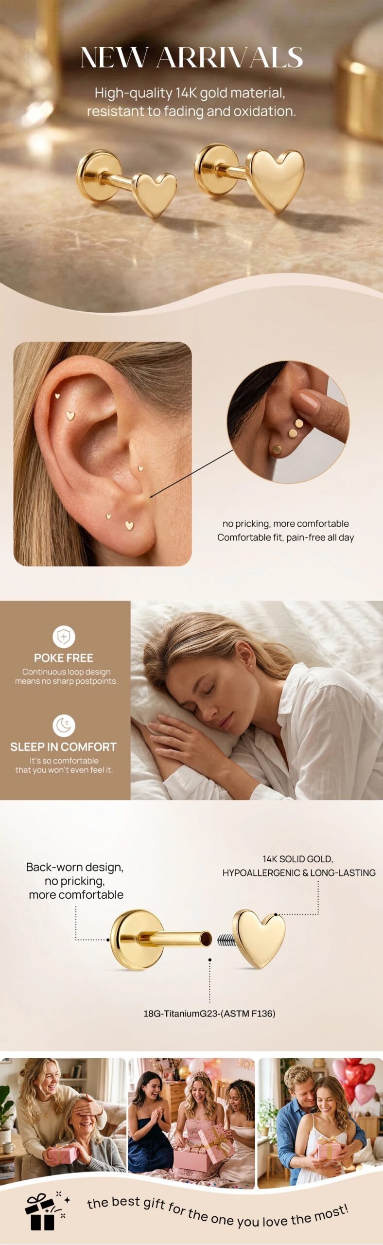 CANNER 14K Solid Gold Multi-size Mini Flat Back Piercing Earrings For Women Classic Glossy Heart Birthday Anniversary Gifts